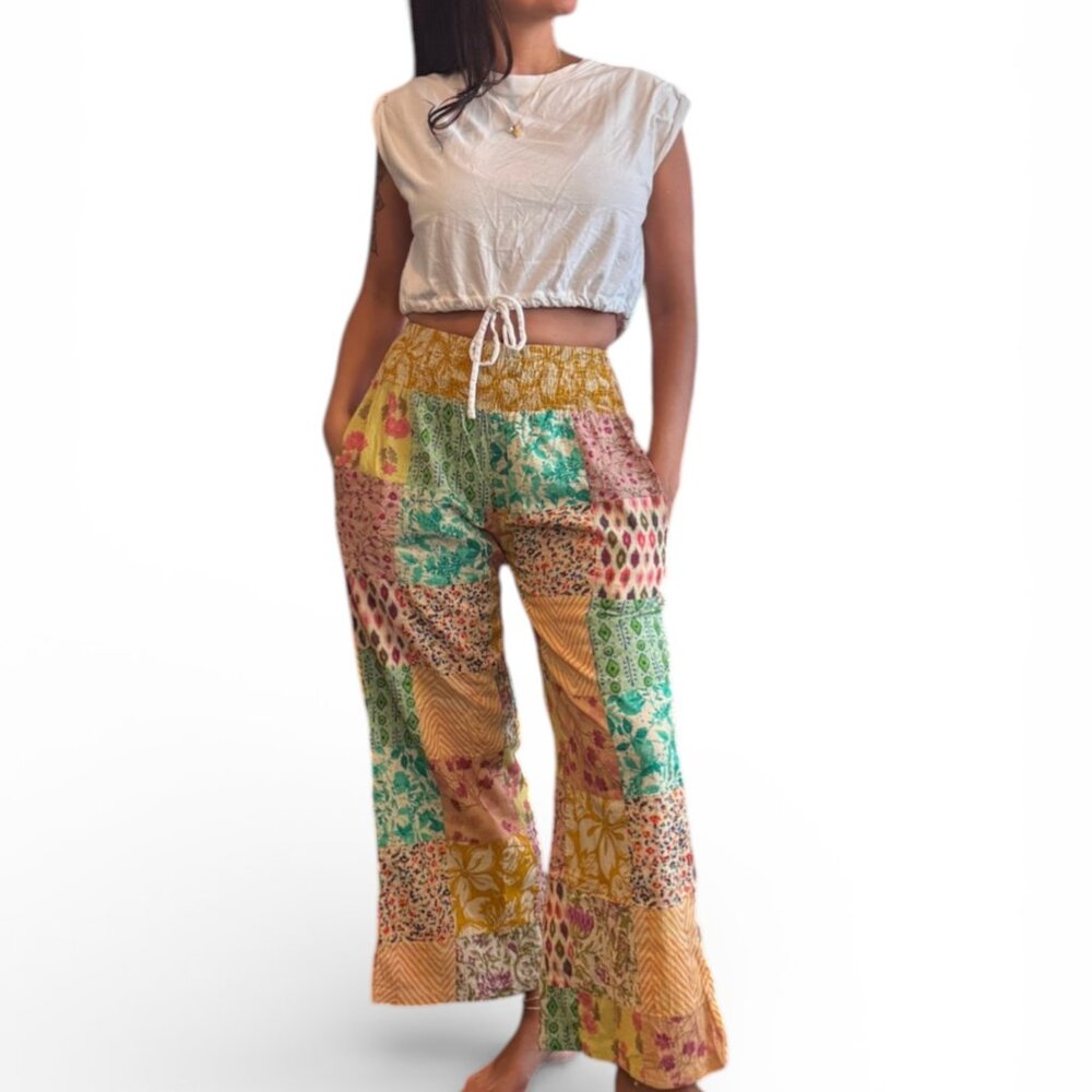 Boho Patchwork Cotton Pants | 100% Cotton Wide Leg | Festival Cottagecore